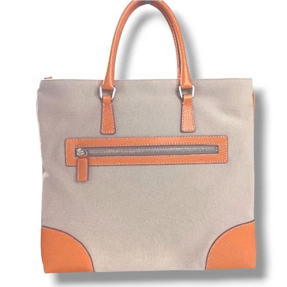 Prada Cinghiale Trimmed Y2K Cream Tan Orange Structured Vintage Canapa Tote Bag - Picture 3 of 14